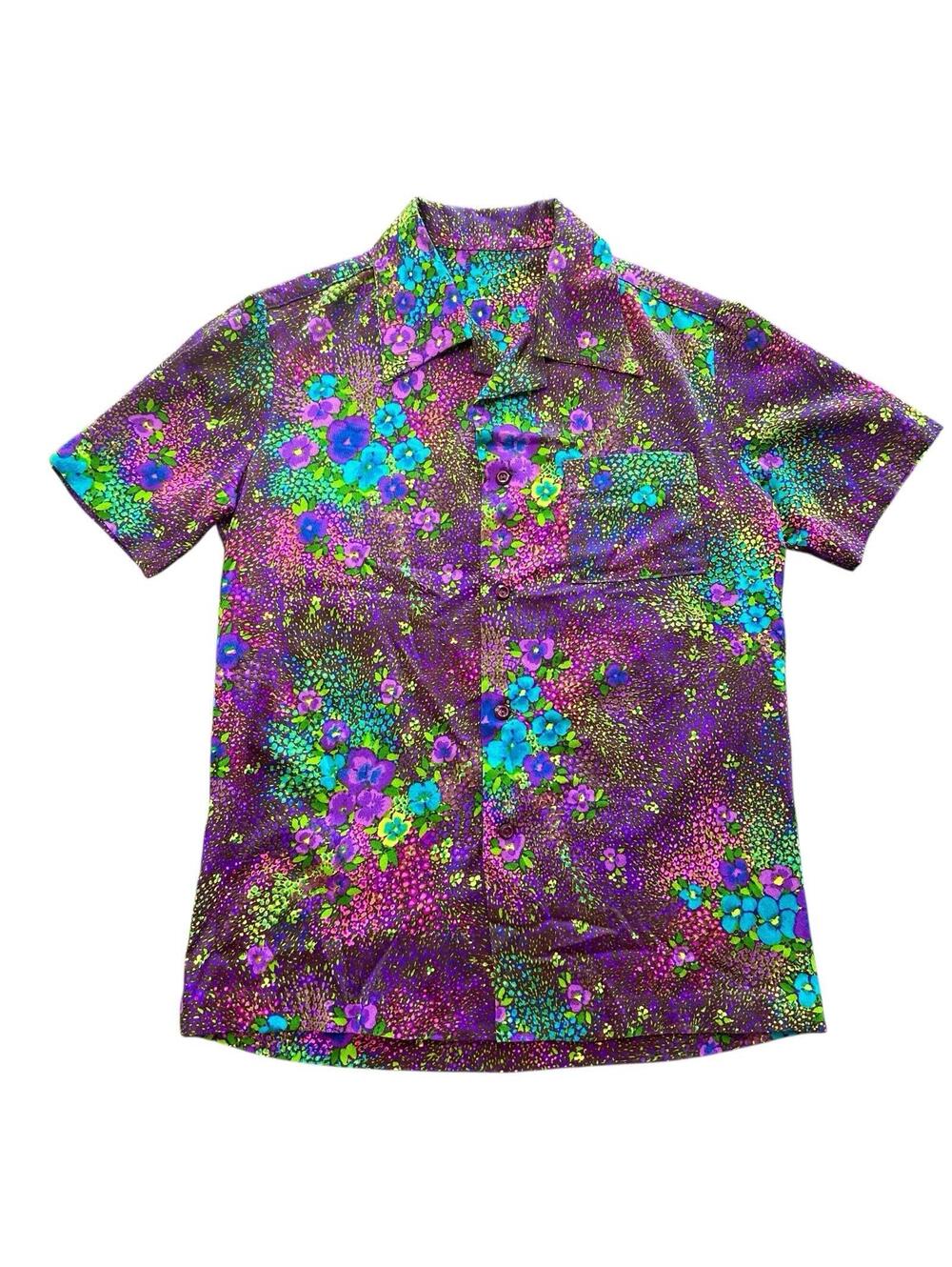 Vintage 60s 70s Psychedelic Floral Shirt Mens L Neon Mod Disco Groovy Purple